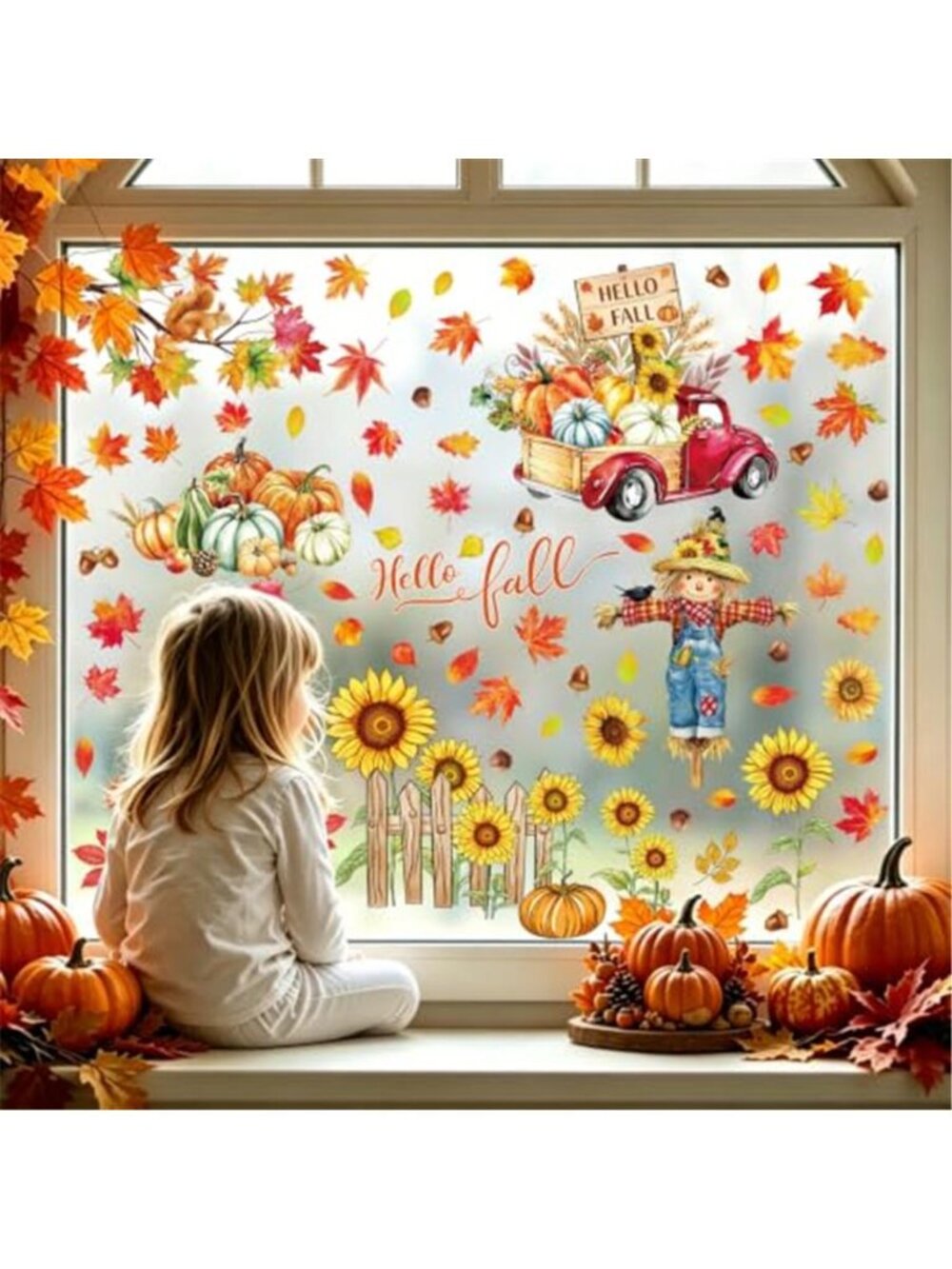Fall Window Stickers for Glass Windows Scarecrow Sunflower Pumpkin
